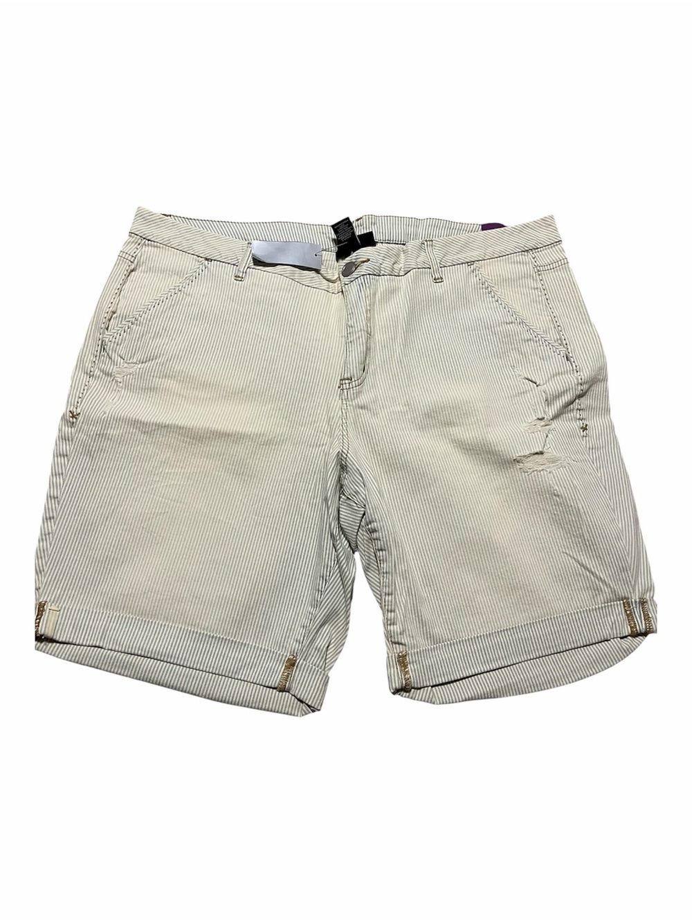 NWT Pin Striped Denim Cotton Roll-Cuff Shorts Cream Light Blue Plus Size 24